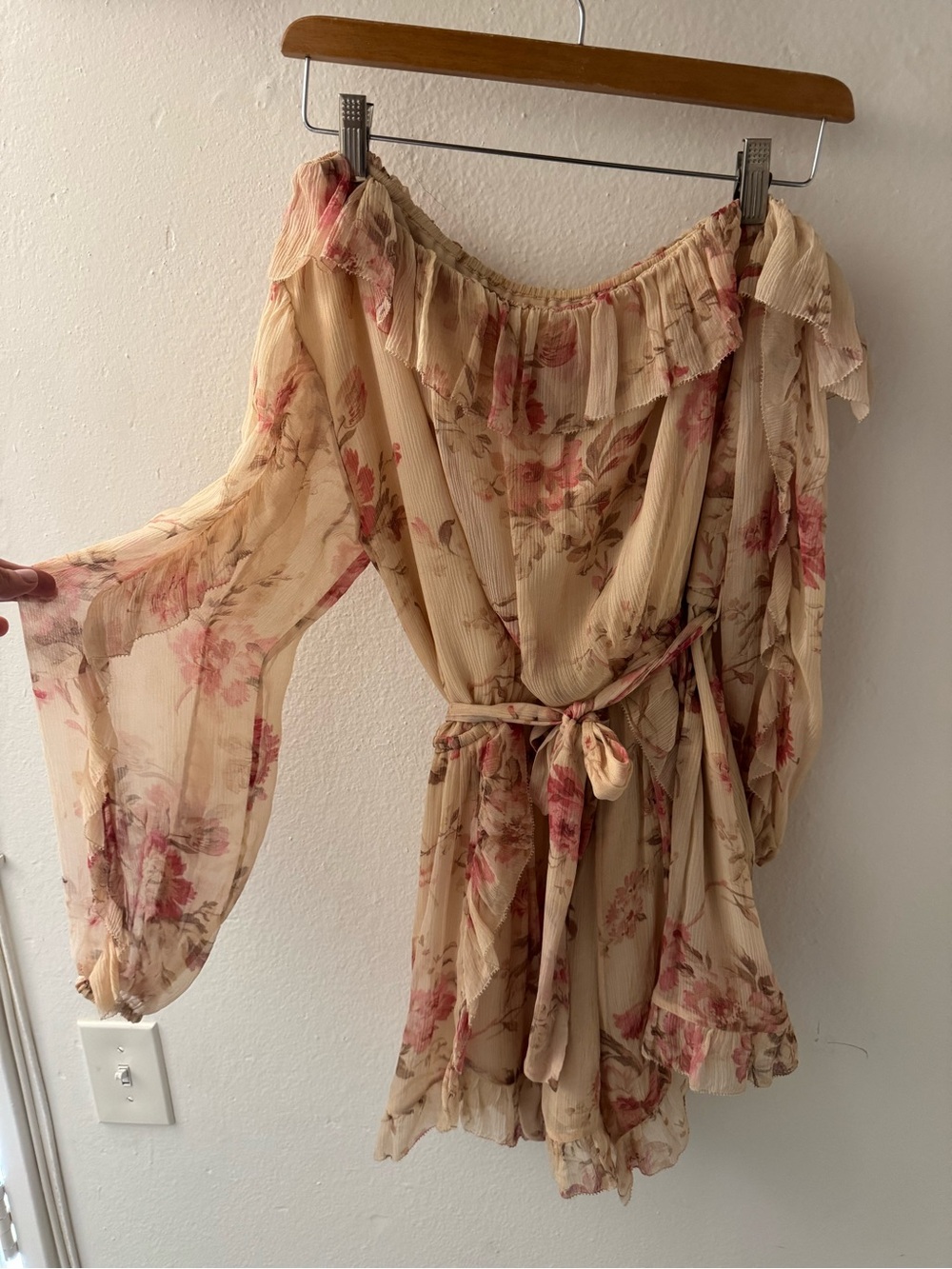 Zimmermann Beige and  and Rose Floral Off-Shoulder Shorts Romper